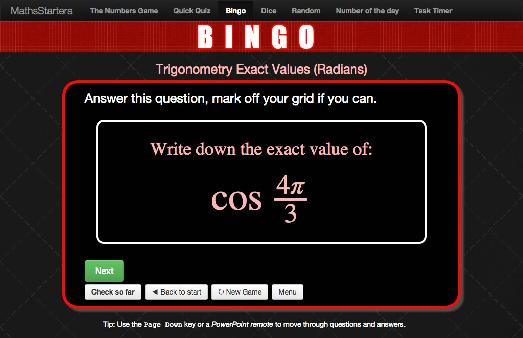 MathsStarters Bingo screenshot showing the question cos (4pi/3).