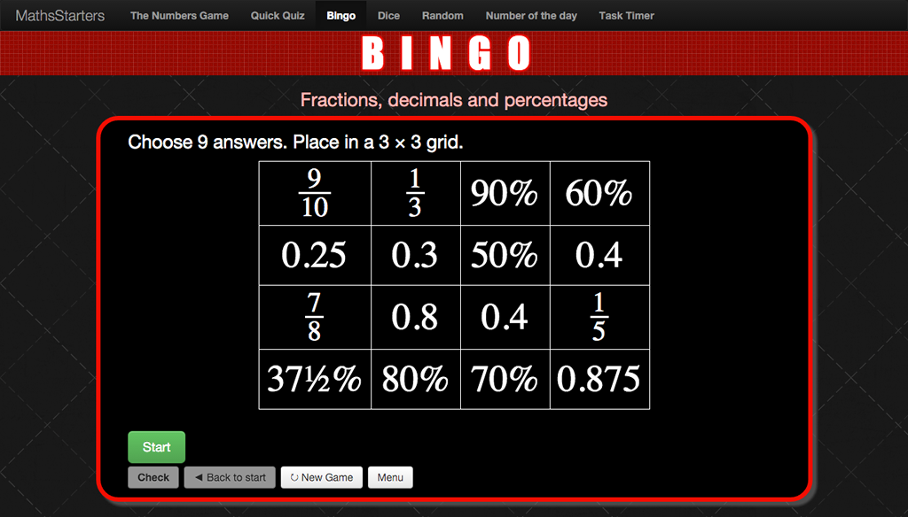 Screenshot of MathsStarters Bingo