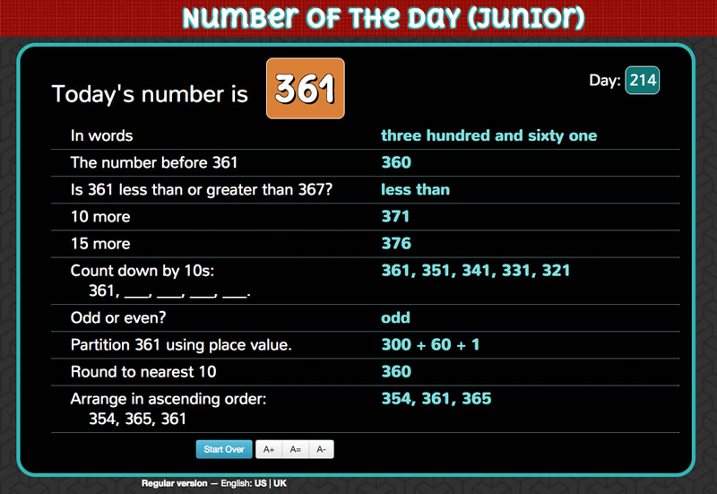 Screenshot of Number of the Day (junior)